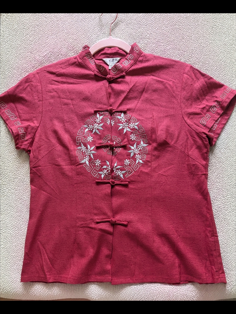 Vintage- 1980's Women's Raw Silk Mandarin Collar Blouse- Rose Red Size Medium
